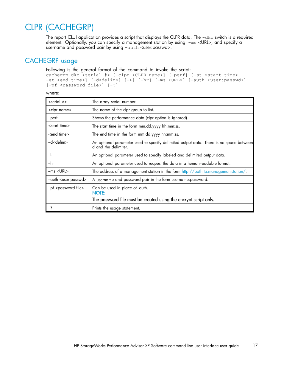 Clpr (cachegrp), Cachegrp usage | HP XP Performance Advisor Software User Manual | Page 17 / 97