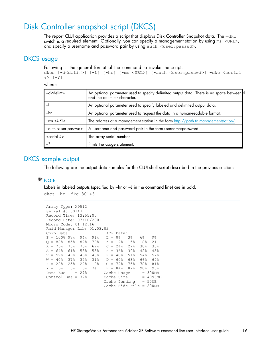 Disk controller snapshot script (dkcs), Dkcs usage, Dkcs sample output | HP XP Performance Advisor Software User Manual | Page 19 / 97