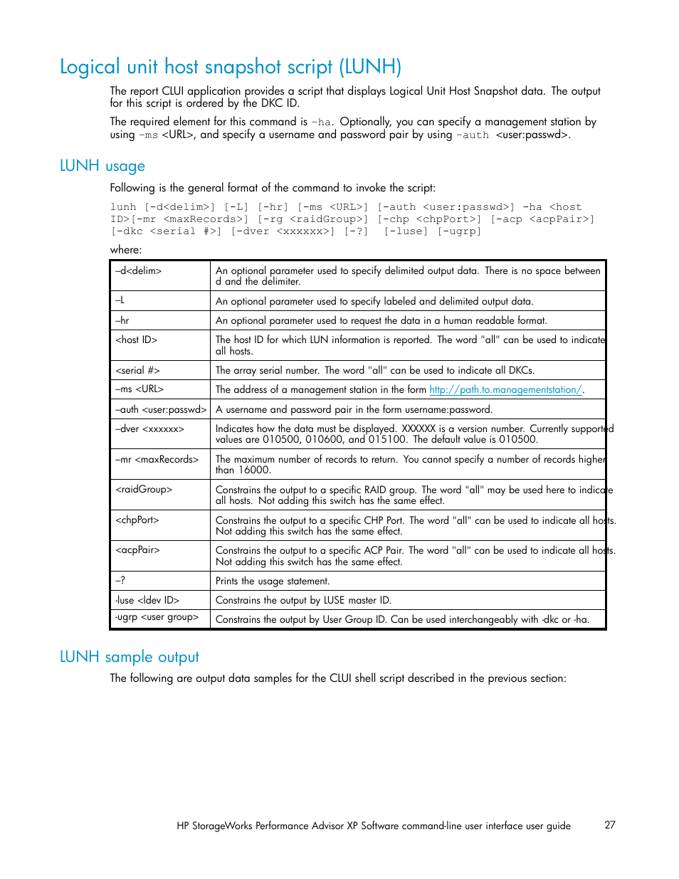 Logical unit host snapshot script (lunh), Lunh usage, Lunh sample output | HP XP Performance Advisor Software User Manual | Page 27 / 97