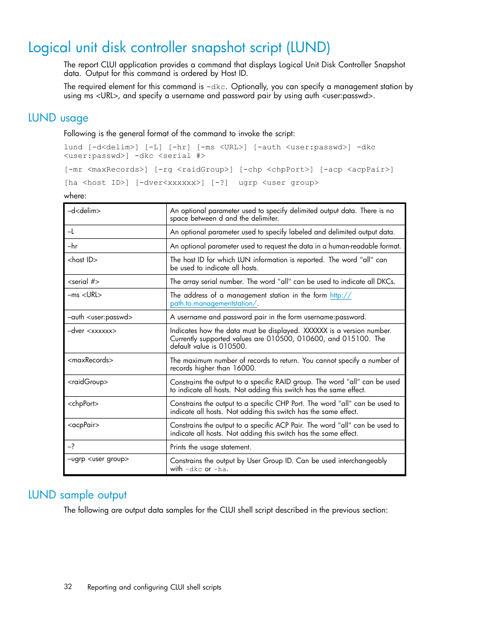 Lund usage, Lund sample output | HP XP Performance Advisor Software User Manual | Page 32 / 97