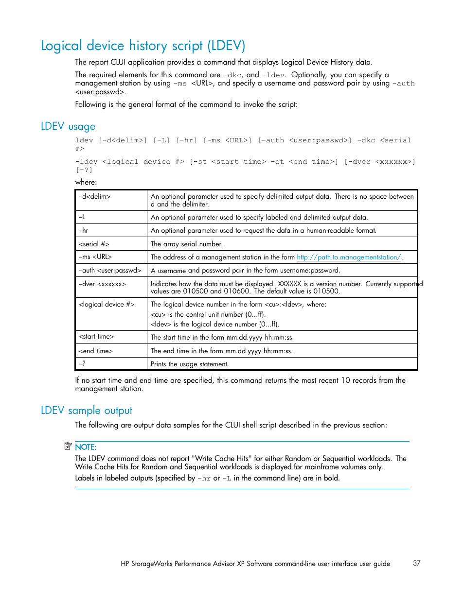 Logical device history script (ldev), Ldev usage, Ldev sample output | HP XP Performance Advisor Software User Manual | Page 37 / 97