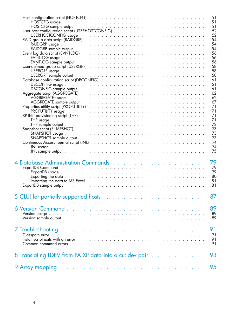 4 database administration commands, 7 troubleshooting | HP XP Performance Advisor Software User Manual | Page 4 / 97