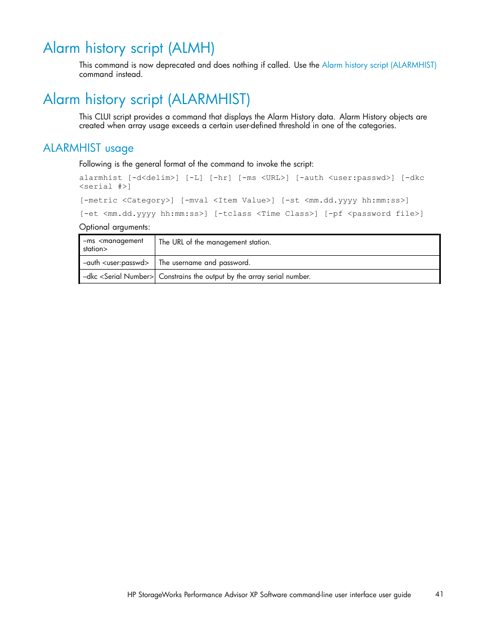 Alarm history script (almh), Alarm history script (alarmhist), Alarmhist usage | HP XP Performance Advisor Software User Manual | Page 41 / 97