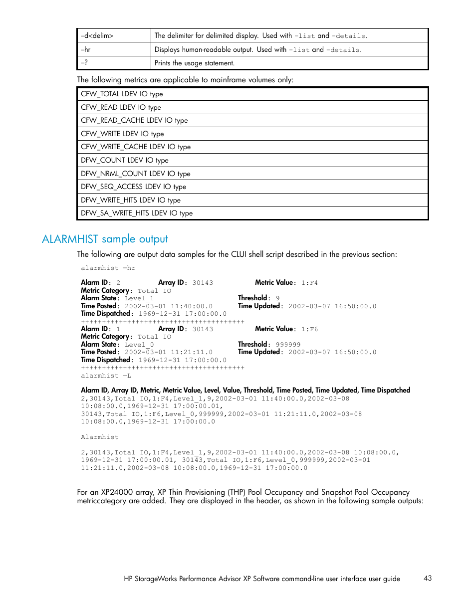 Alarmhist sample output | HP XP Performance Advisor Software User Manual | Page 43 / 97