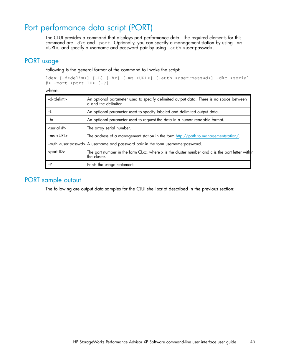 Port performance data script (port), Port usage, Port sample output | HP XP Performance Advisor Software User Manual | Page 45 / 97