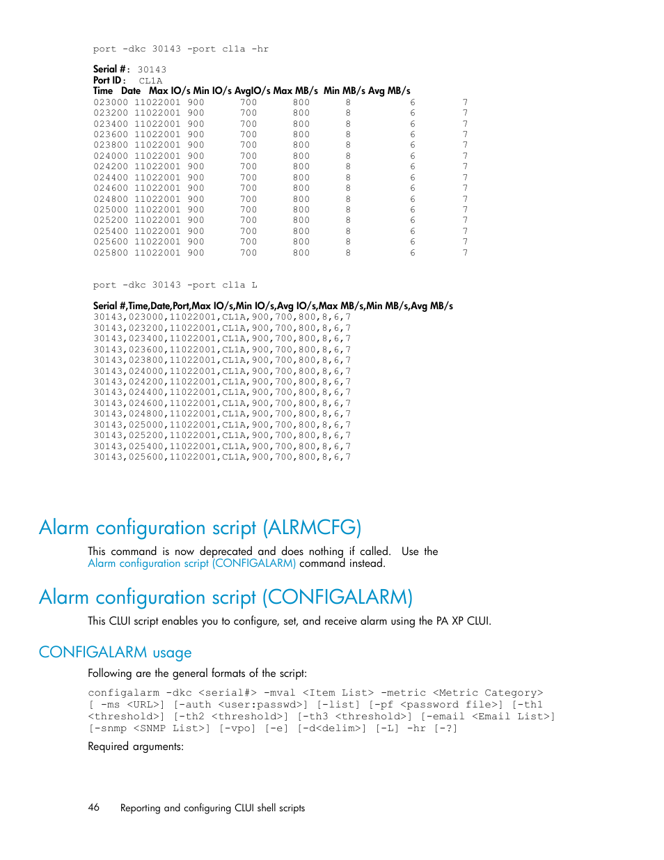 Alarm configuration script (alrmcfg), Alarm configuration script (configalarm), Configalarm usage | HP XP Performance Advisor Software User Manual | Page 46 / 97