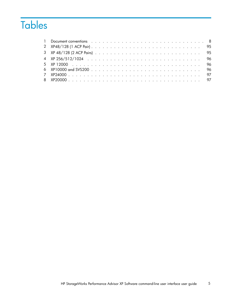 Tables | HP XP Performance Advisor Software User Manual | Page 5 / 97