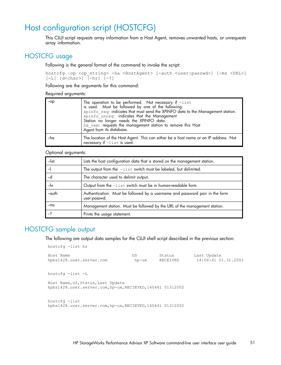 Host configuration script (hostcfg), Hostcfg usage, Hostcfg sample output | HP XP Performance Advisor Software User Manual | Page 51 / 97