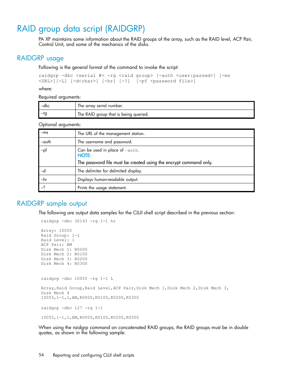 Raid group data script (raidgrp), Raidgrp usage, Raidgrp sample output | HP XP Performance Advisor Software User Manual | Page 54 / 97