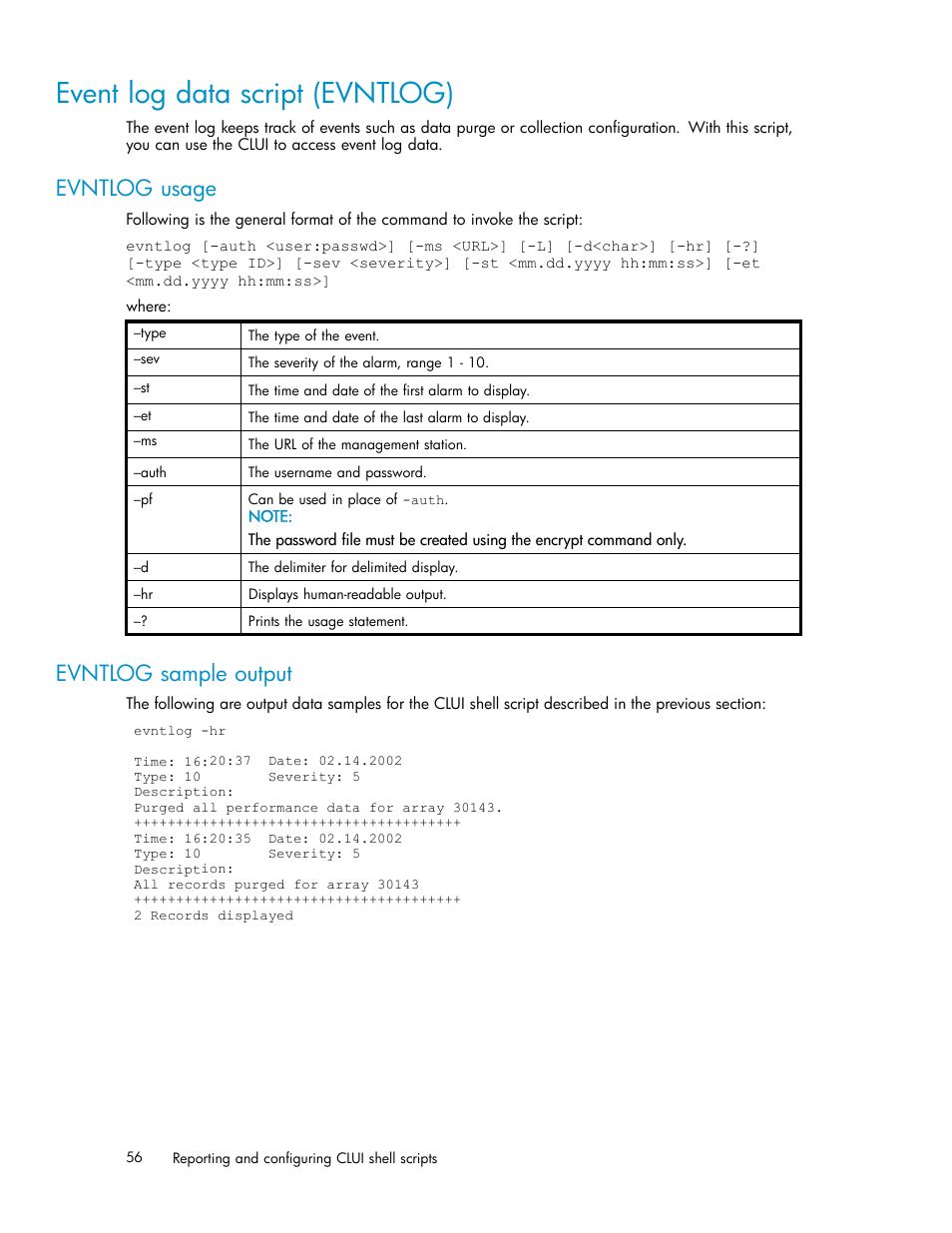 Event log data script (evntlog), Evntlog usage, Evntlog sample output | HP XP Performance Advisor Software User Manual | Page 56 / 97