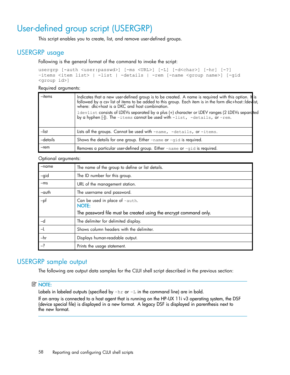 User-defined group script (usergrp), Usergrp usage, Usergrp sample output | HP XP Performance Advisor Software User Manual | Page 58 / 97