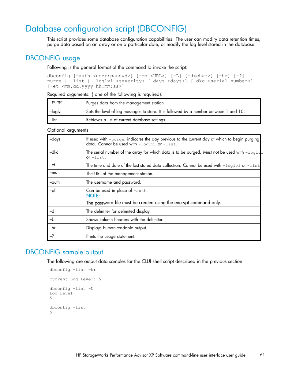 Database configuration script (dbconfig), Dbconfig usage, Dbconfig sample output | HP XP Performance Advisor Software User Manual | Page 61 / 97