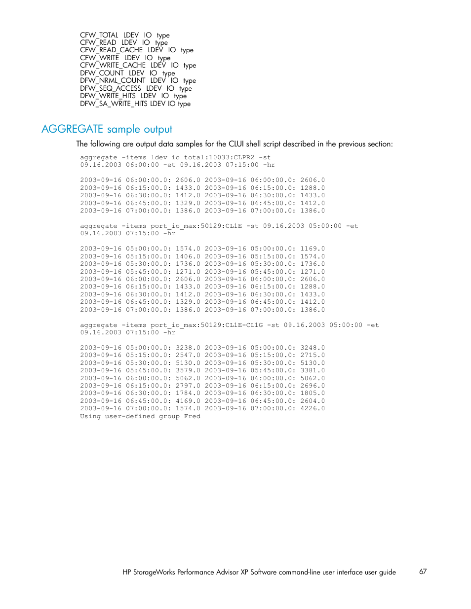 Aggregate sample output | HP XP Performance Advisor Software User Manual | Page 67 / 97