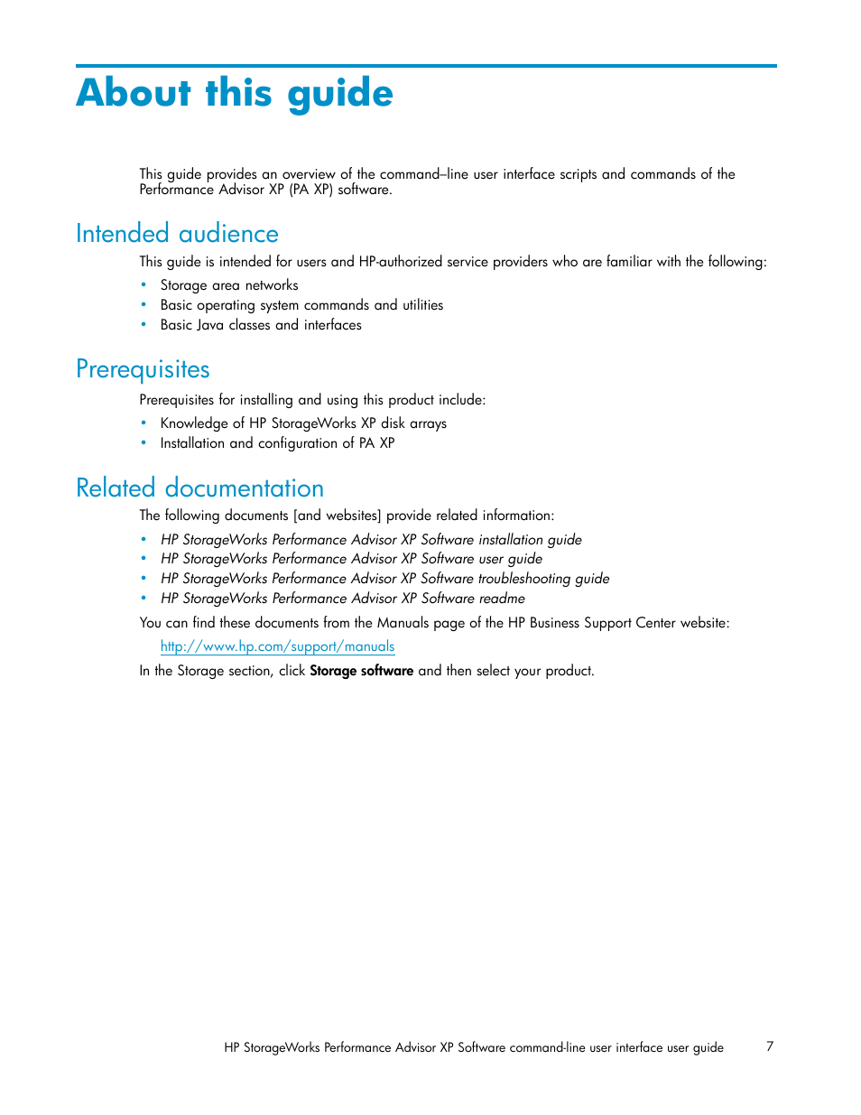 About this guide, Intended audience, Prerequisites | Related documentation | HP XP Performance Advisor Software User Manual | Page 7 / 97