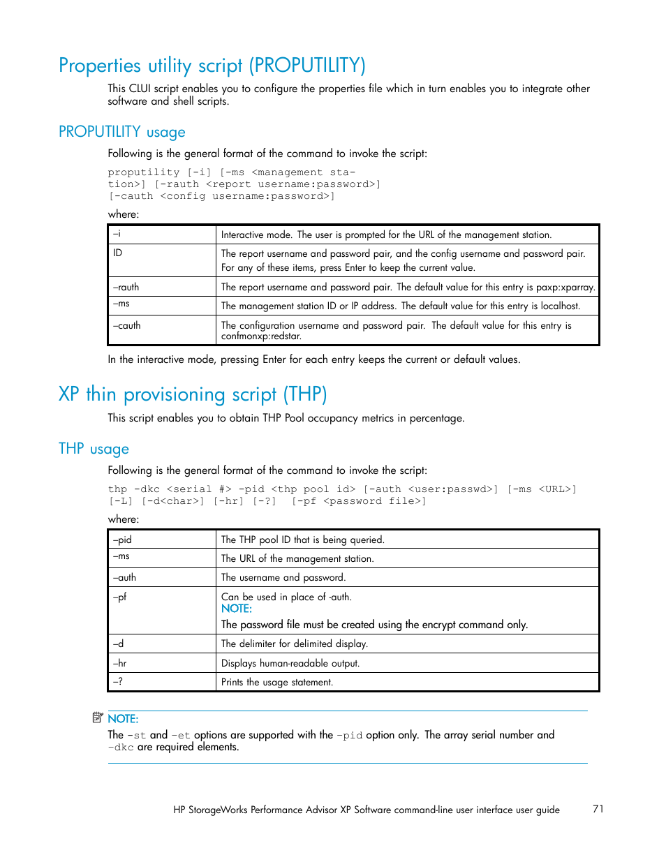 Properties utility script (proputility), Proputility usage, Xp thin provisioning script (thp) | Thp usage | HP XP Performance Advisor Software User Manual | Page 71 / 97