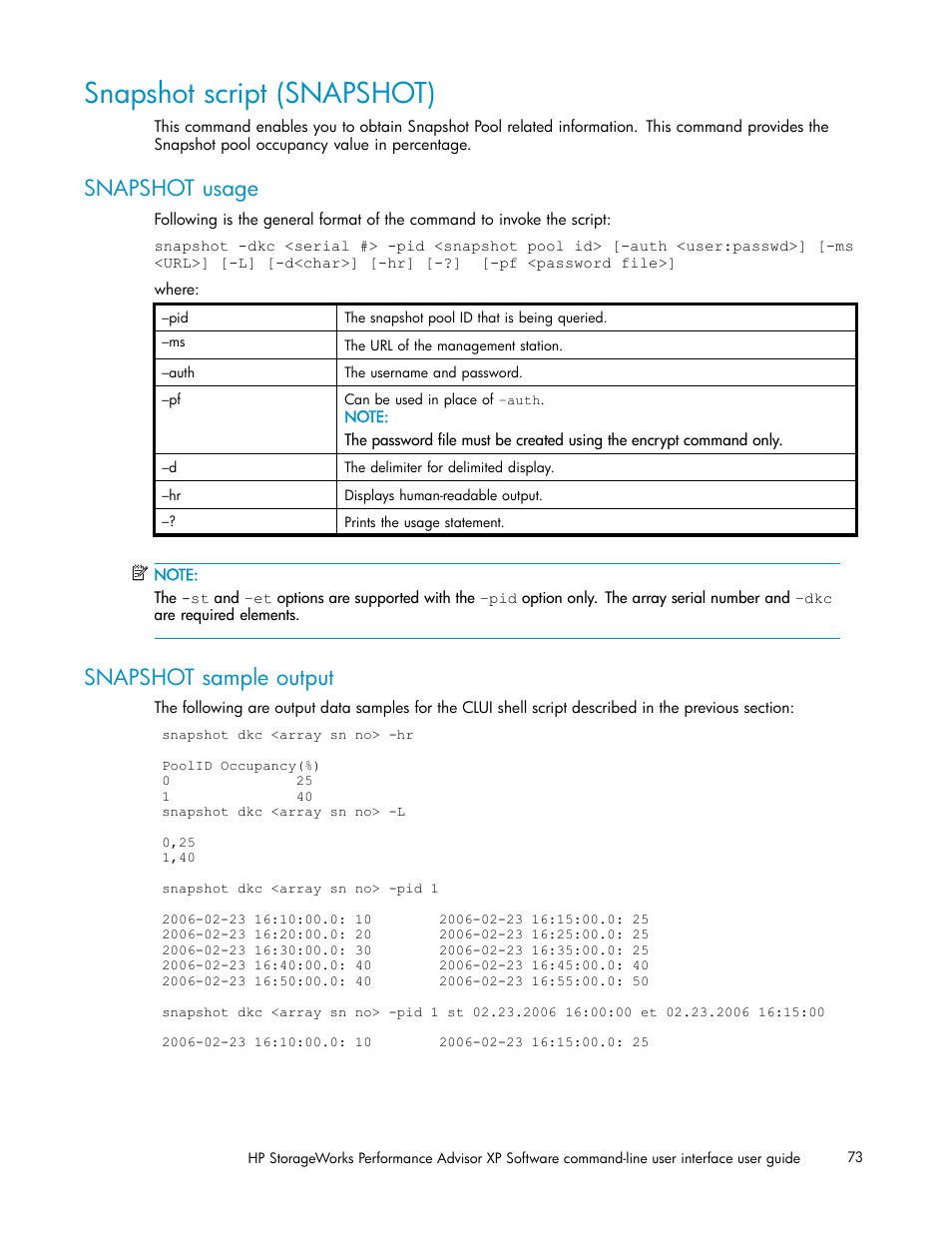 Snapshot script (snapshot), Snapshot usage, Snapshot sample output | HP XP Performance Advisor Software User Manual | Page 73 / 97