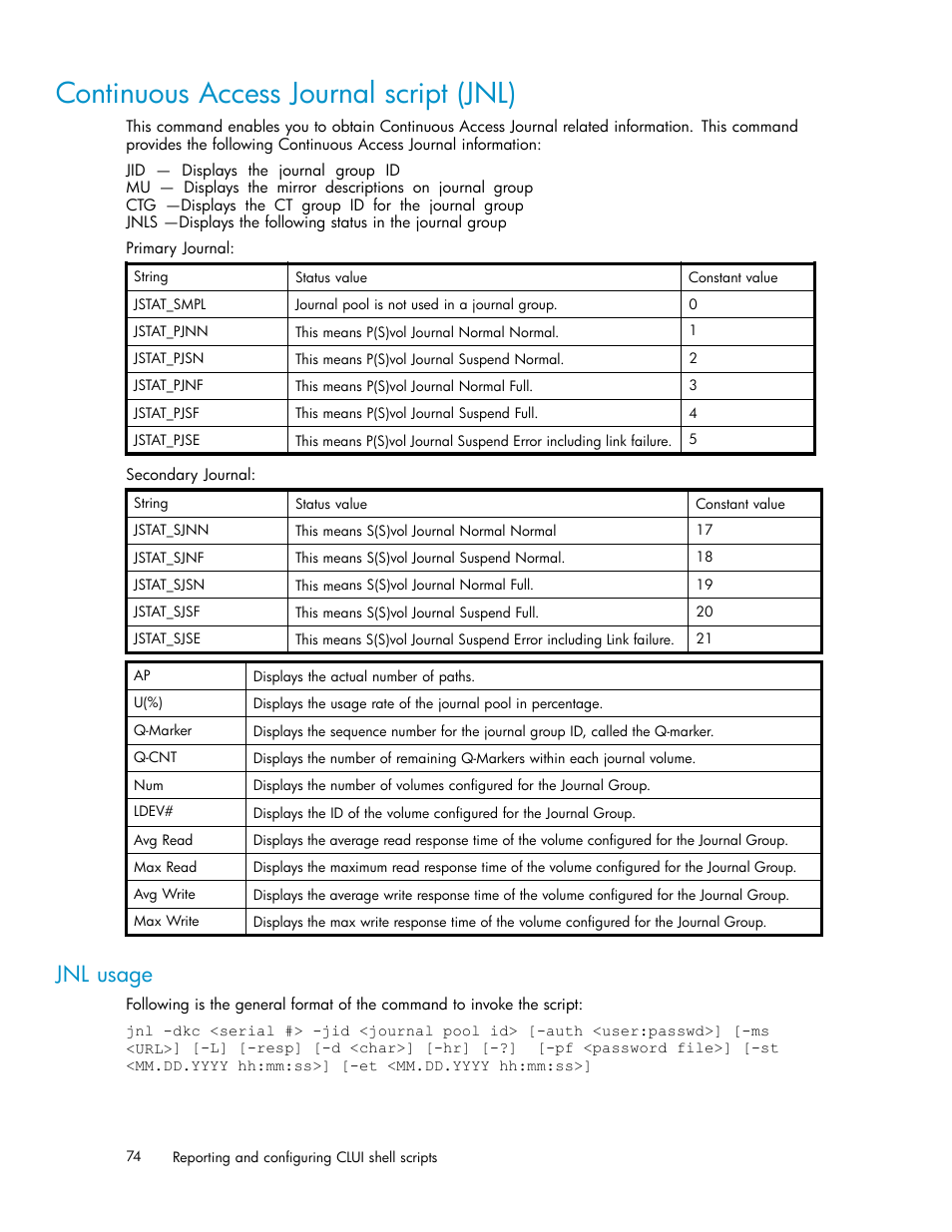 Continuous access journal script (jnl), Jnl usage | HP XP Performance Advisor Software User Manual | Page 74 / 97