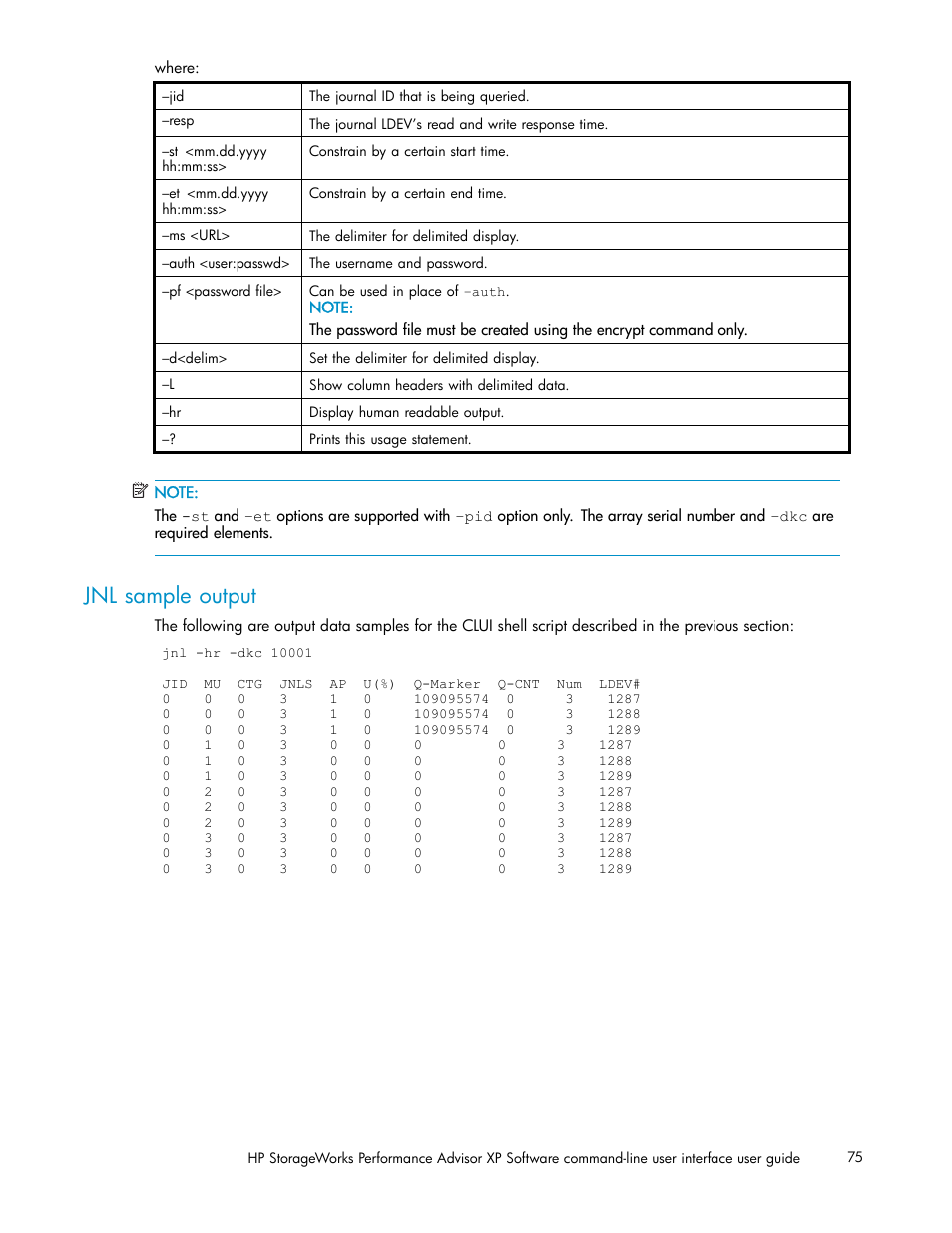 Jnl sample output | HP XP Performance Advisor Software User Manual | Page 75 / 97