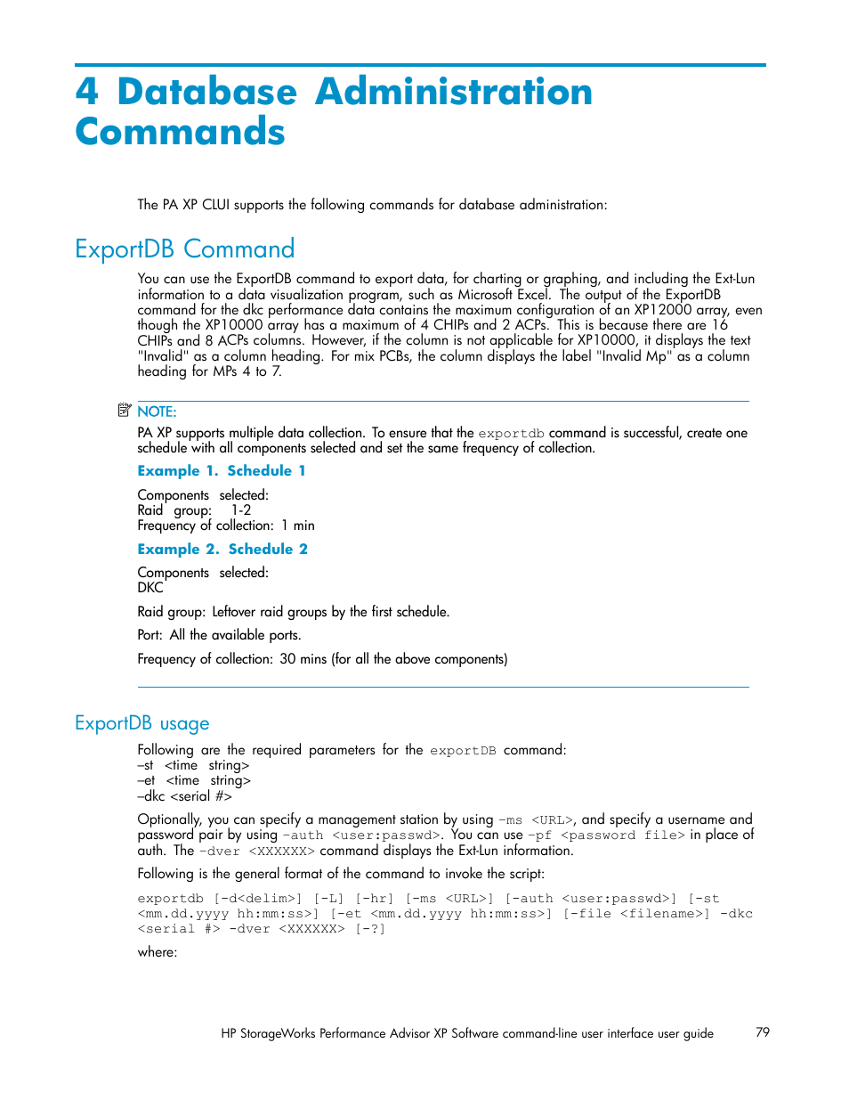 4 database administration commands, Exportdb command, Exportdb usage | HP XP Performance Advisor Software User Manual | Page 79 / 97