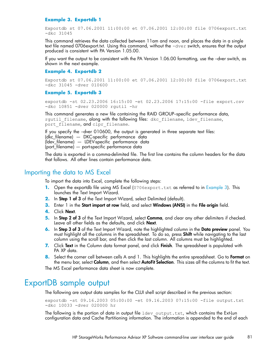 Importing the data to ms excel, Exportdb sample output | HP XP Performance Advisor Software User Manual | Page 81 / 97