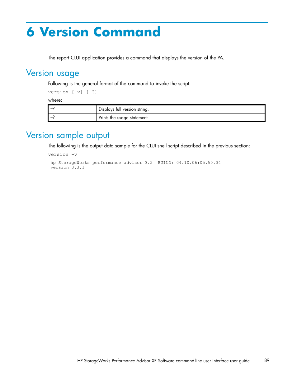 6 version command, Version usage, Version sample output | HP XP Performance Advisor Software User Manual | Page 89 / 97