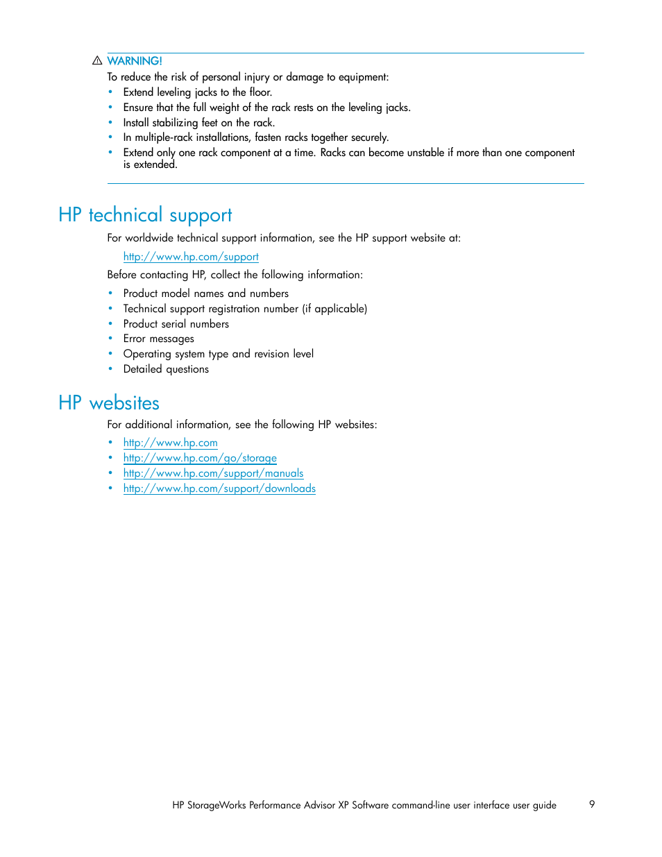 Hp technical support, Hp websites | HP XP Performance Advisor Software User Manual | Page 9 / 97