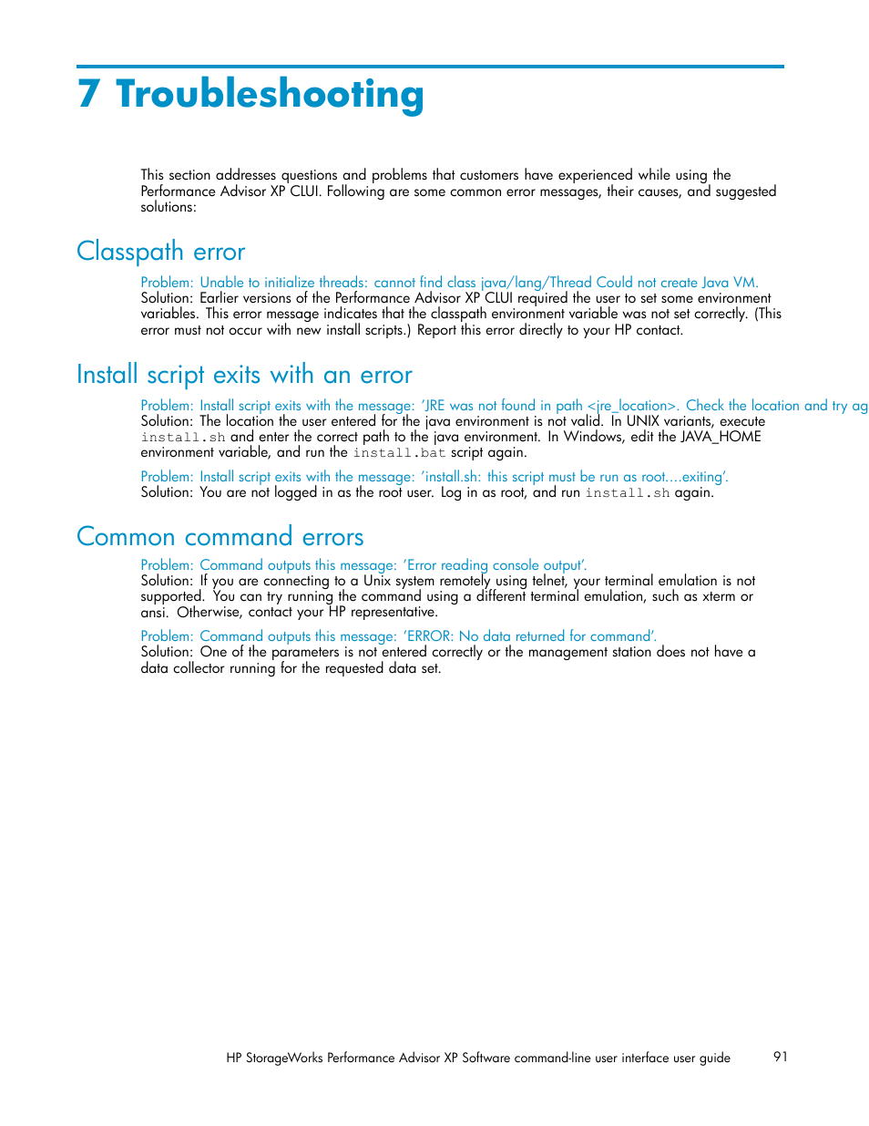 7 troubleshooting, Classpath error, Install script exits with an error | Common command errors | HP XP Performance Advisor Software User Manual | Page 91 / 97