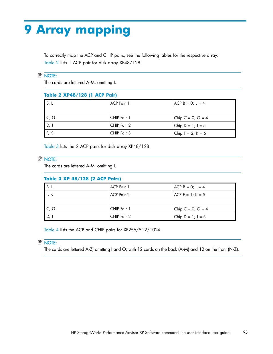 9 array mapping, Xp48/128 (1 acp pair), Xp 48/128 (2 acp pairs) | HP XP Performance Advisor Software User Manual | Page 95 / 97