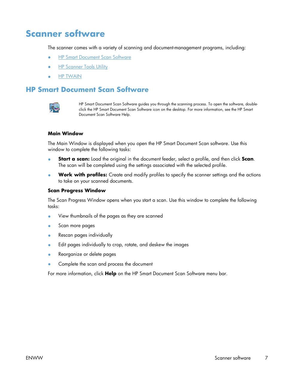 Scanner software, Hp smart document scan software | HP Scanjet Enterprise Flow 7000 s2 Sheet-feed Scanner User Manual | Page 13 / 62