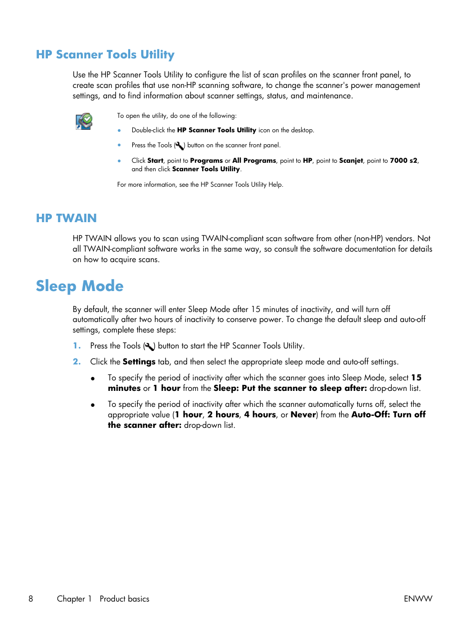 Hp scanner tools utility, Hp twain, Sleep mode | Hp scanner tools utility hp twain | HP Scanjet Enterprise Flow 7000 s2 Sheet-feed Scanner User Manual | Page 14 / 62