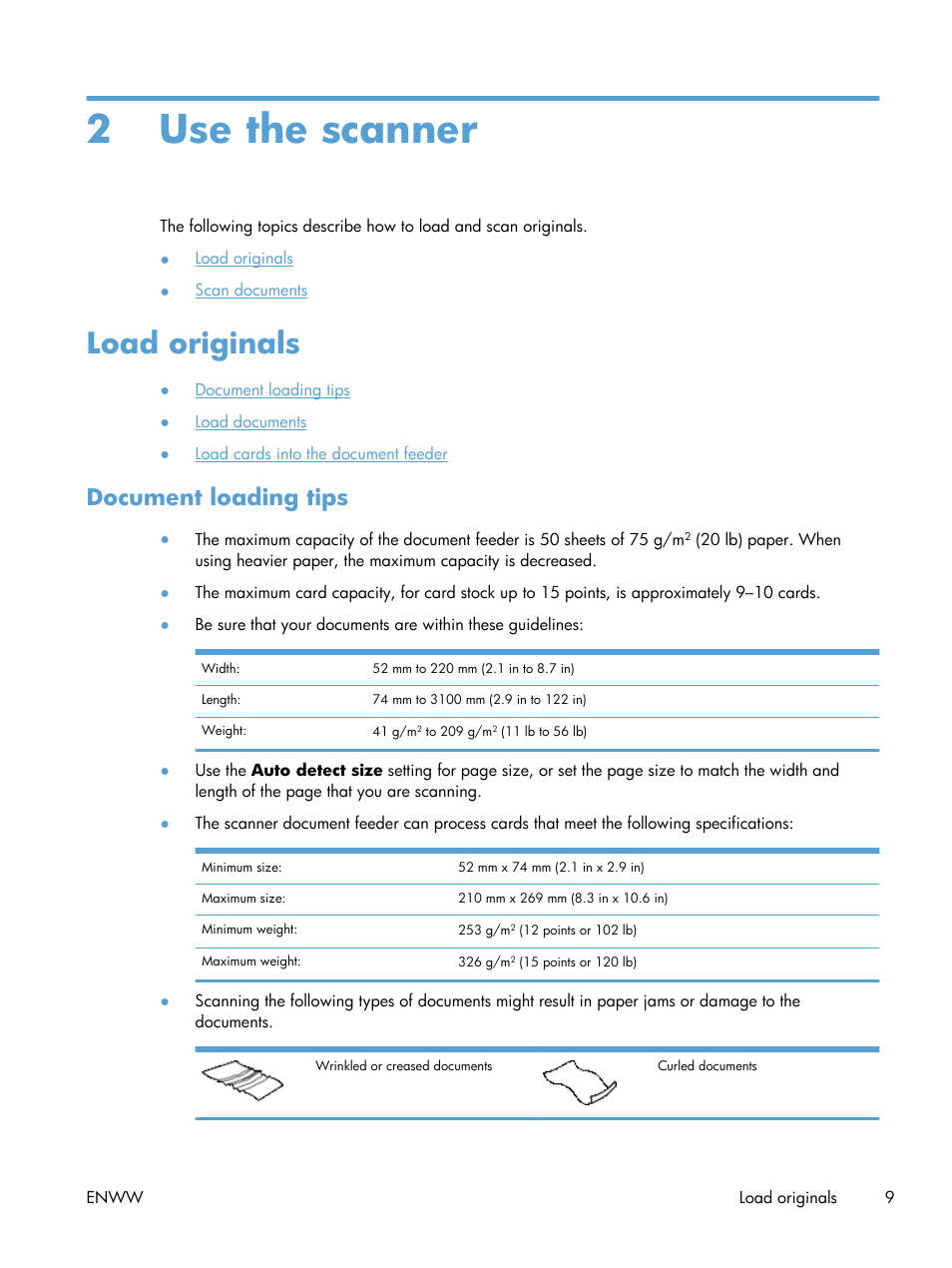 Use the scanner, Load originals, Document loading tips | 2 use the scanner | HP Scanjet Enterprise Flow 7000 s2 Sheet-feed Scanner User Manual | Page 15 / 62