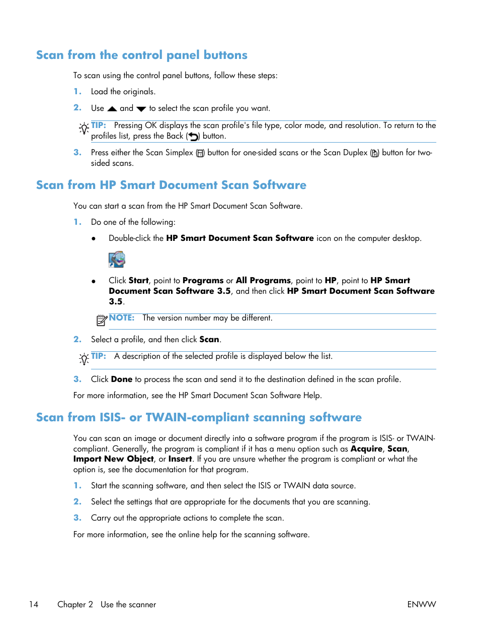 Scan from the control panel buttons, Scan from hp smart document scan software | HP Scanjet Enterprise Flow 7000 s2 Sheet-feed Scanner User Manual | Page 20 / 62