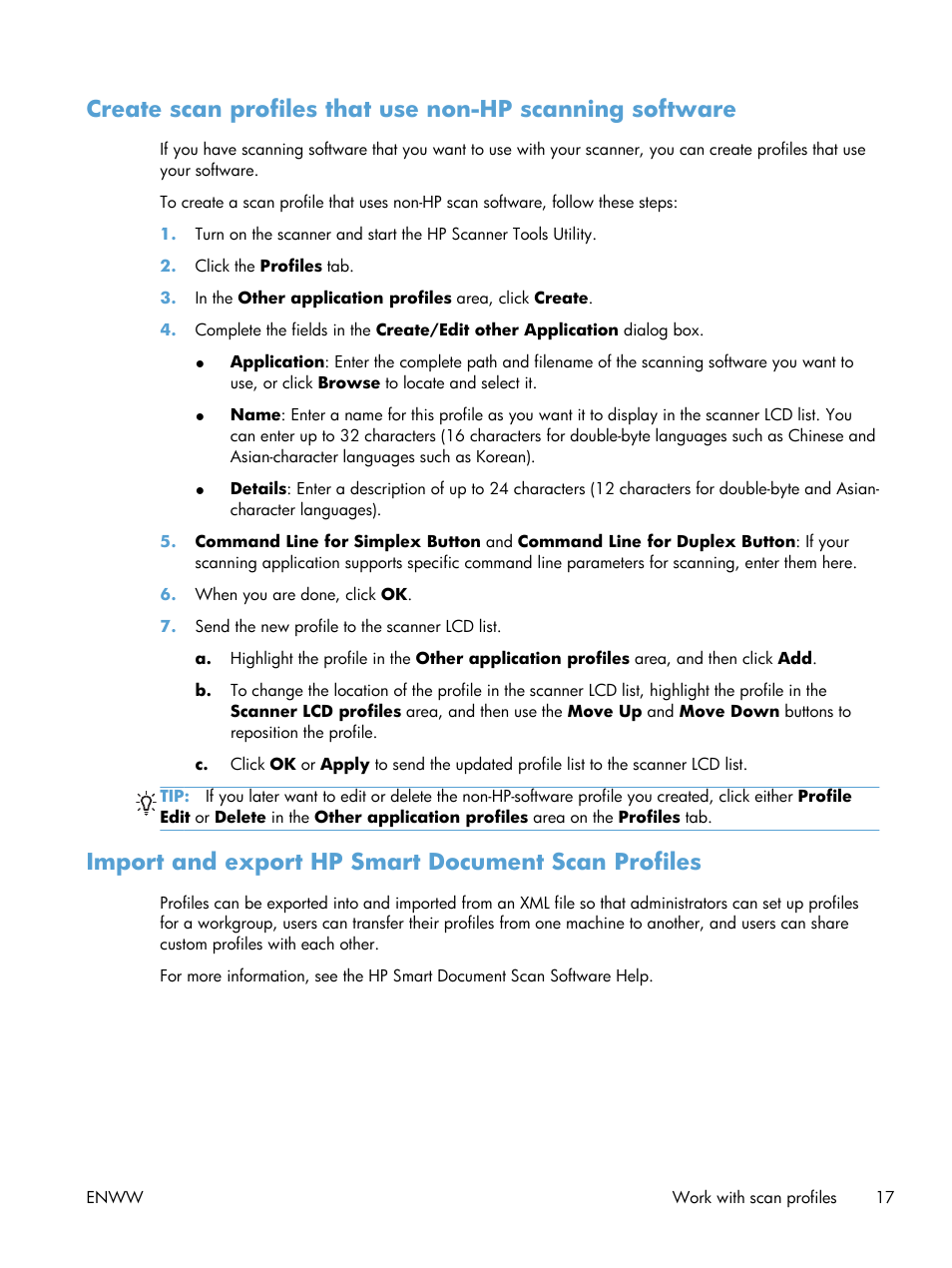Import and export hp smart document scan profiles | HP Scanjet Enterprise Flow 7000 s2 Sheet-feed Scanner User Manual | Page 23 / 62