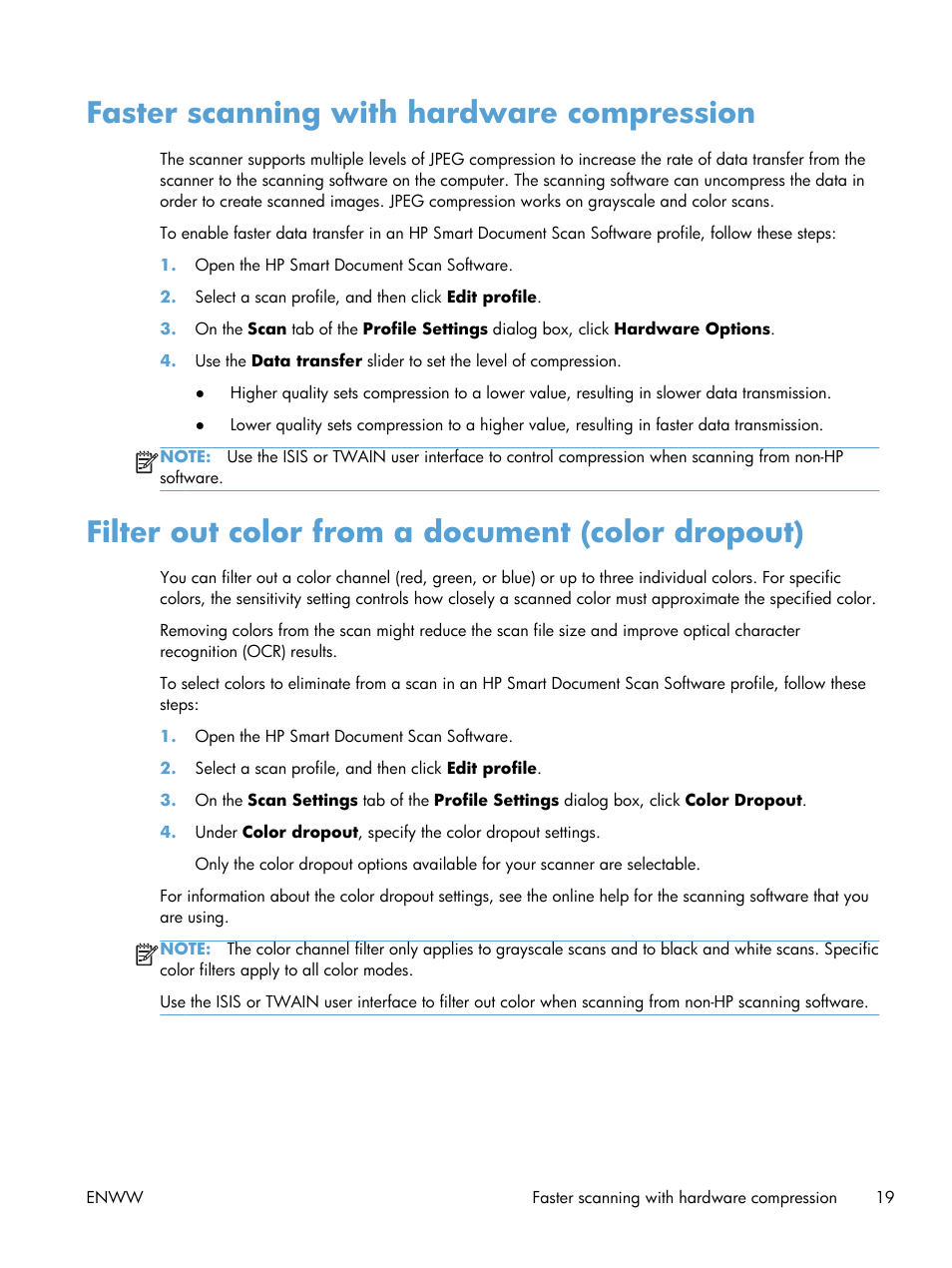 Faster scanning with hardware compression, Filter out color from a document (color dropout) | HP Scanjet Enterprise Flow 7000 s2 Sheet-feed Scanner User Manual | Page 25 / 62
