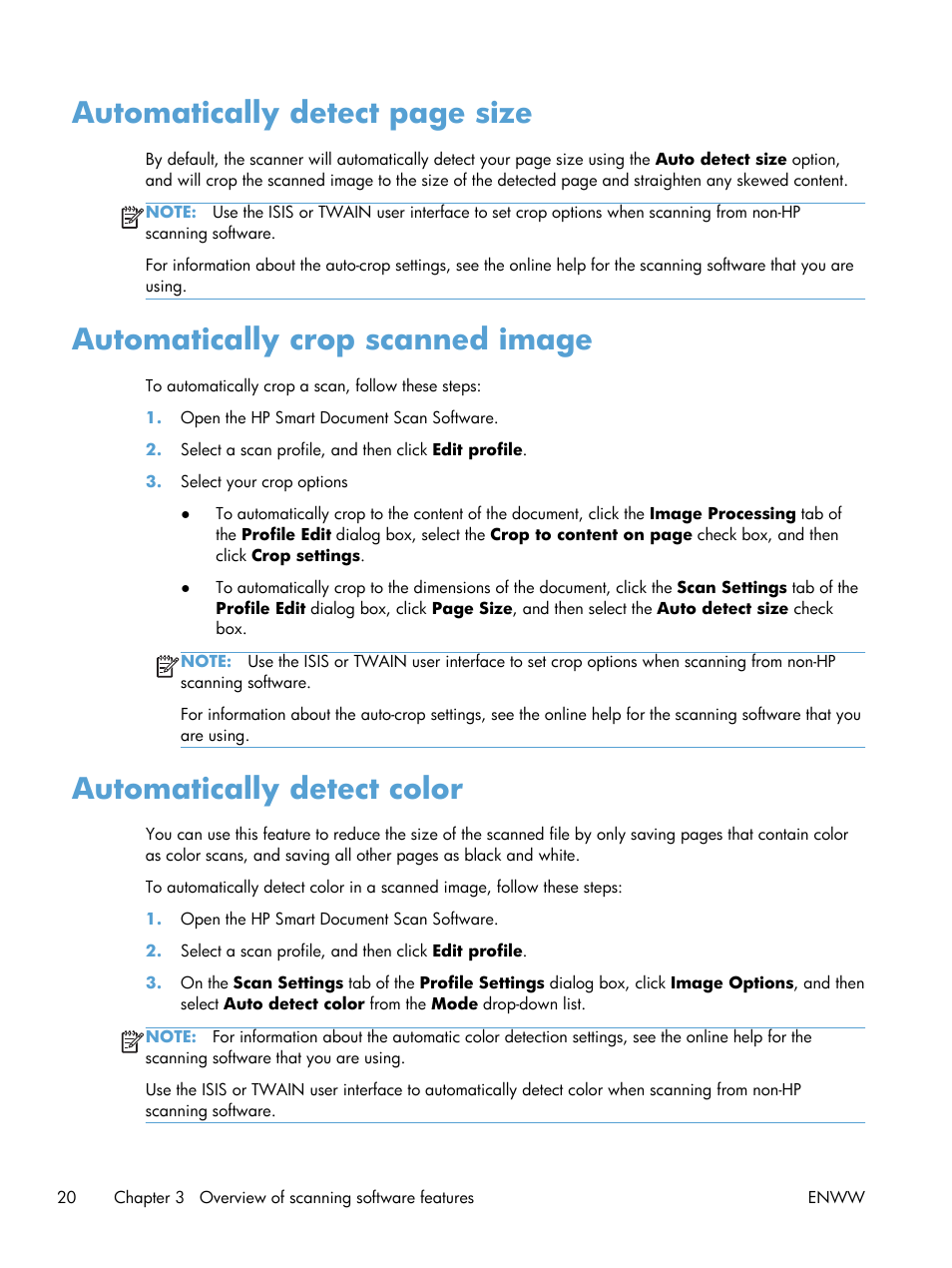 Automatically crop scanned image, Automatically detect color, Automatically detect page size | HP Scanjet Enterprise Flow 7000 s2 Sheet-feed Scanner User Manual | Page 26 / 62