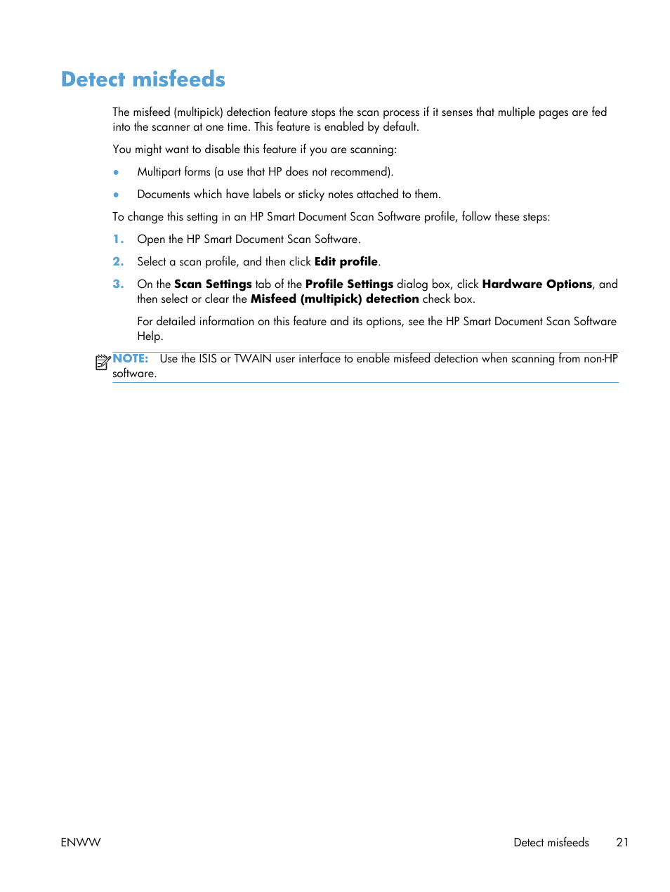 Detect misfeeds | HP Scanjet Enterprise Flow 7000 s2 Sheet-feed Scanner User Manual | Page 27 / 62