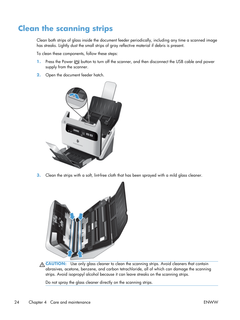 Clean the scanning strips | HP Scanjet Enterprise Flow 7000 s2 Sheet-feed Scanner User Manual | Page 30 / 62