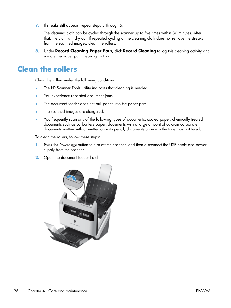 Clean the rollers | HP Scanjet Enterprise Flow 7000 s2 Sheet-feed Scanner User Manual | Page 32 / 62