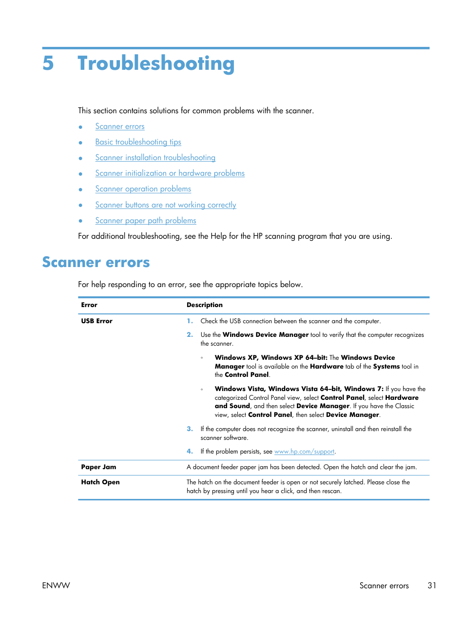 Troubleshooting, Scanner errors, 5 troubleshooting | HP Scanjet Enterprise Flow 7000 s2 Sheet-feed Scanner User Manual | Page 37 / 62