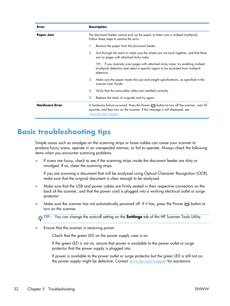Basic troubleshooting tips | HP Scanjet Enterprise Flow 7000 s2 Sheet-feed Scanner User Manual | Page 38 / 62