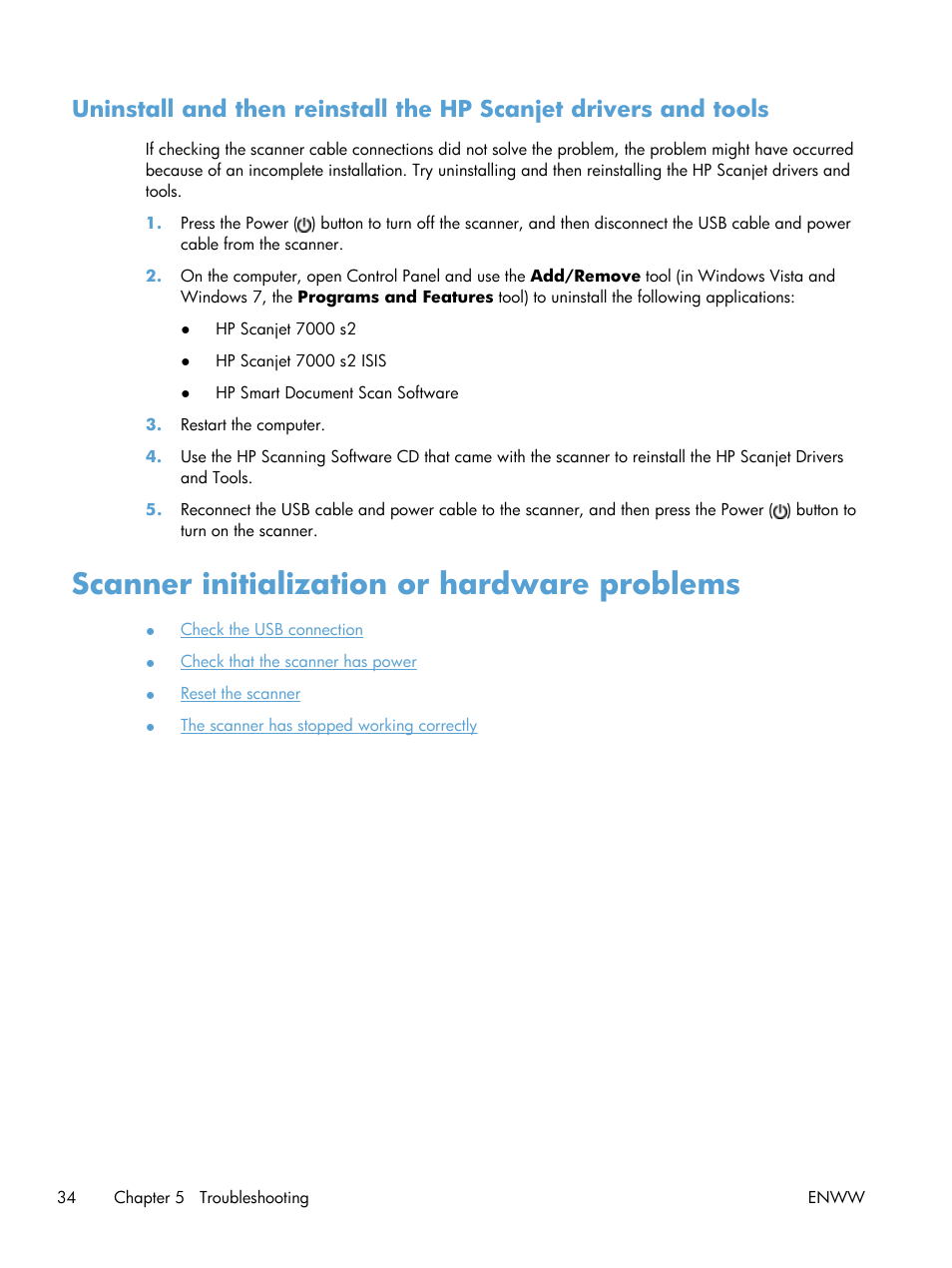 Scanner initialization or hardware problems | HP Scanjet Enterprise Flow 7000 s2 Sheet-feed Scanner User Manual | Page 40 / 62