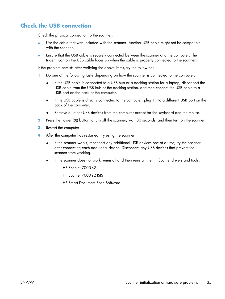 Check the usb connection | HP Scanjet Enterprise Flow 7000 s2 Sheet-feed Scanner User Manual | Page 41 / 62