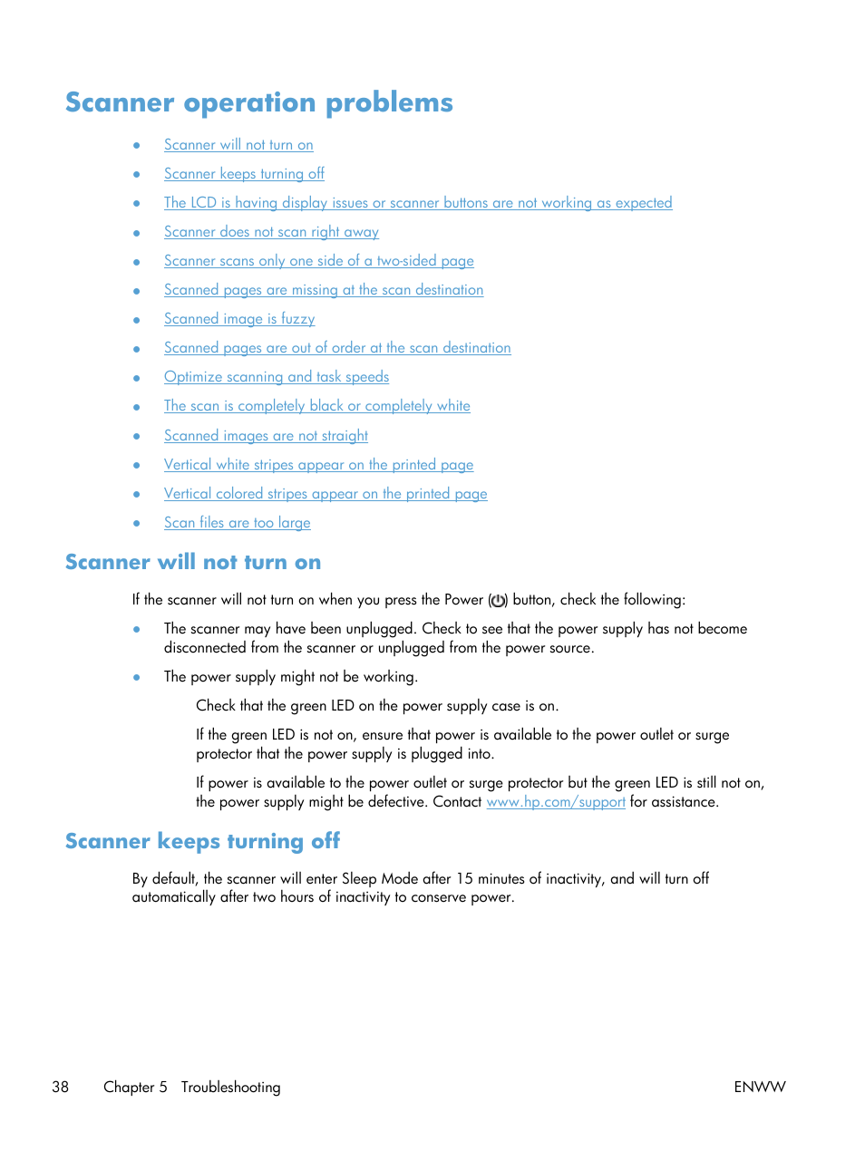 Scanner operation problems, Scanner will not turn on, Scanner keeps turning off | Scanner will not turn on scanner keeps turning off | HP Scanjet Enterprise Flow 7000 s2 Sheet-feed Scanner User Manual | Page 44 / 62