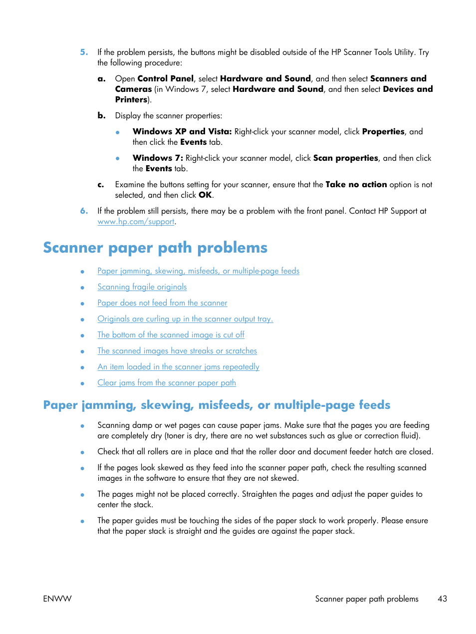 Scanner paper path problems | HP Scanjet Enterprise Flow 7000 s2 Sheet-feed Scanner User Manual | Page 49 / 62