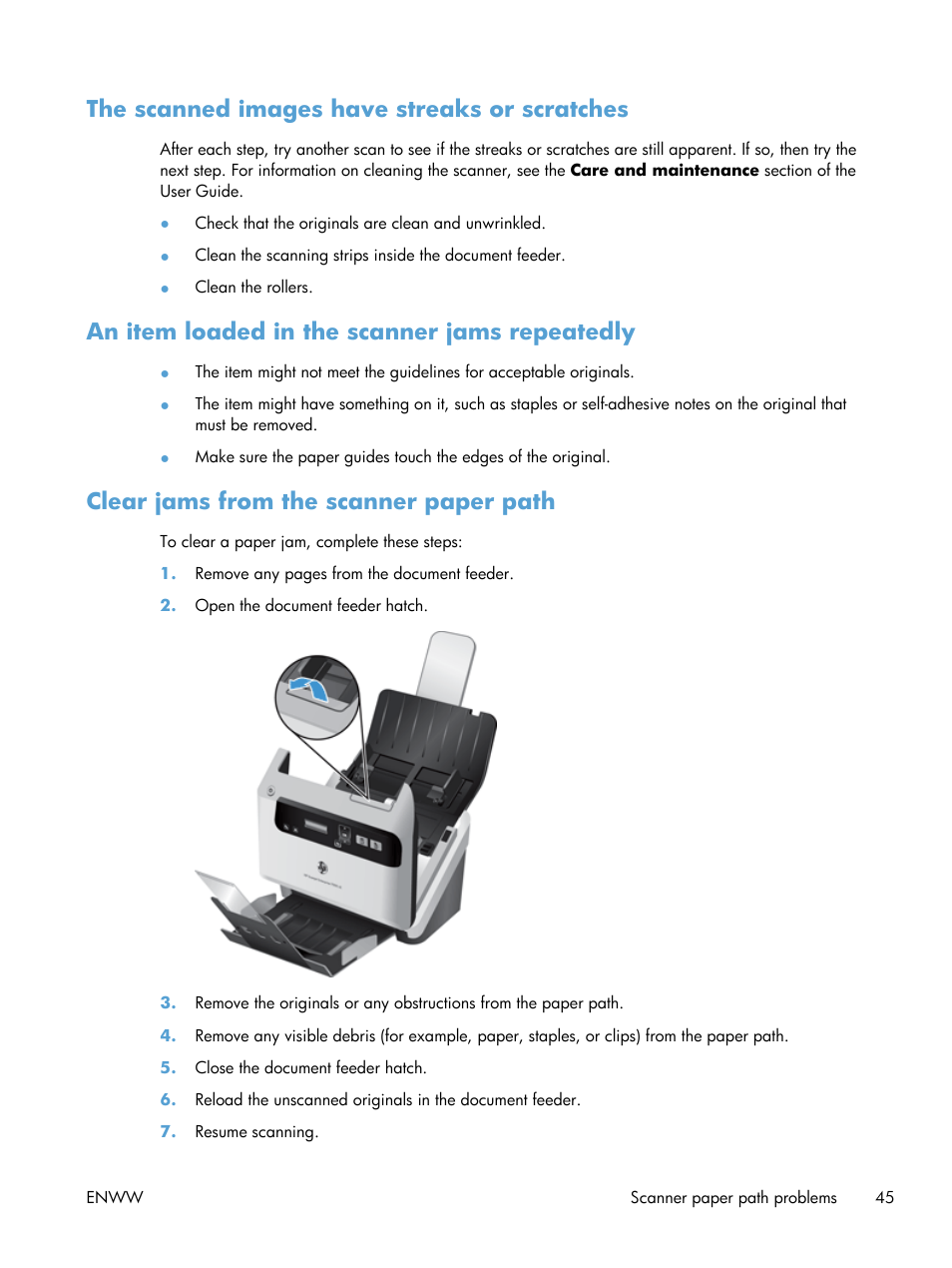 The scanned images have streaks or scratches, An item loaded in the scanner jams repeatedly, Clear jams from the scanner paper path | HP Scanjet Enterprise Flow 7000 s2 Sheet-feed Scanner User Manual | Page 51 / 62