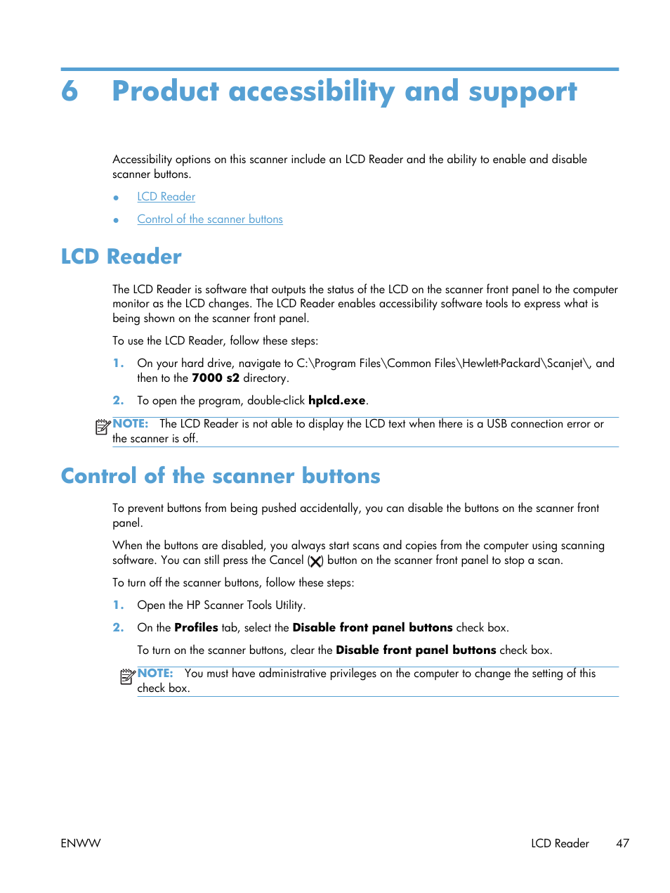 Product accessibility and support, Lcd reader, Control of the scanner buttons | 6 product accessibility and support, Lcd reader control of the scanner buttons | HP Scanjet Enterprise Flow 7000 s2 Sheet-feed Scanner User Manual | Page 53 / 62