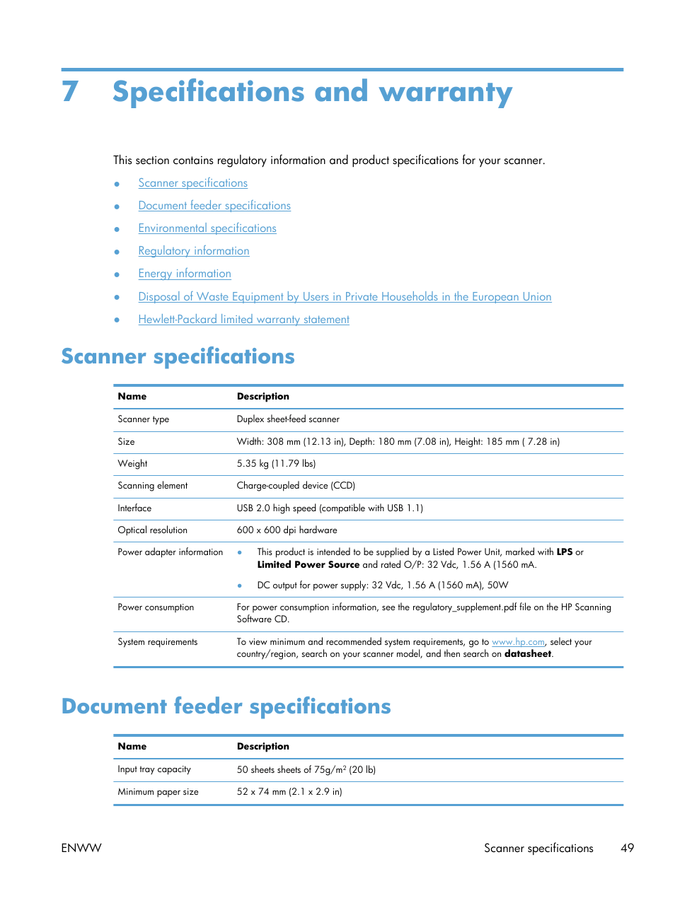 Specifications and warranty, Scanner specifications, Document feeder specifications | 7 specifications and warranty | HP Scanjet Enterprise Flow 7000 s2 Sheet-feed Scanner User Manual | Page 55 / 62