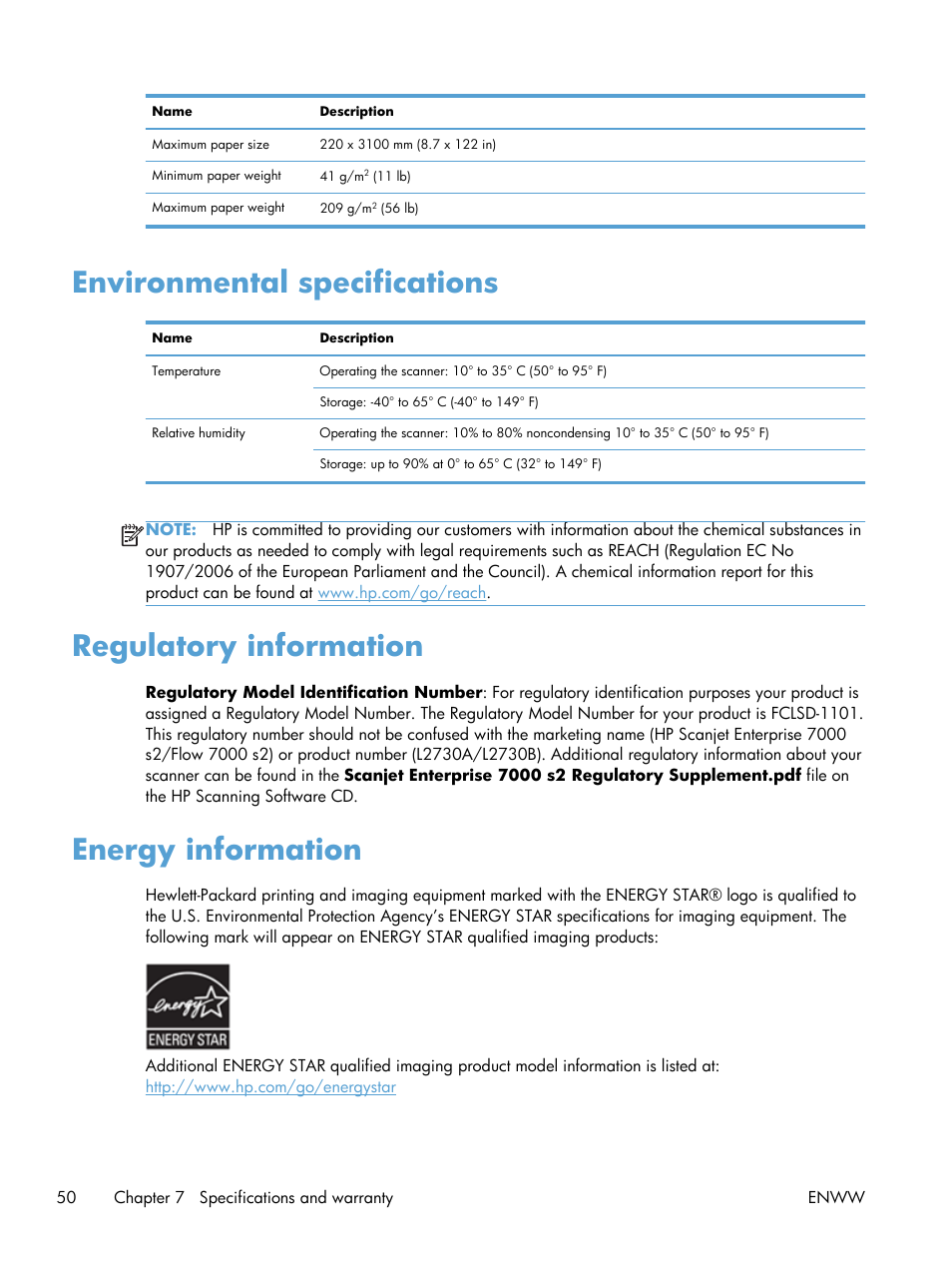 Environmental specifications, Regulatory information, Energy information | HP Scanjet Enterprise Flow 7000 s2 Sheet-feed Scanner User Manual | Page 56 / 62
