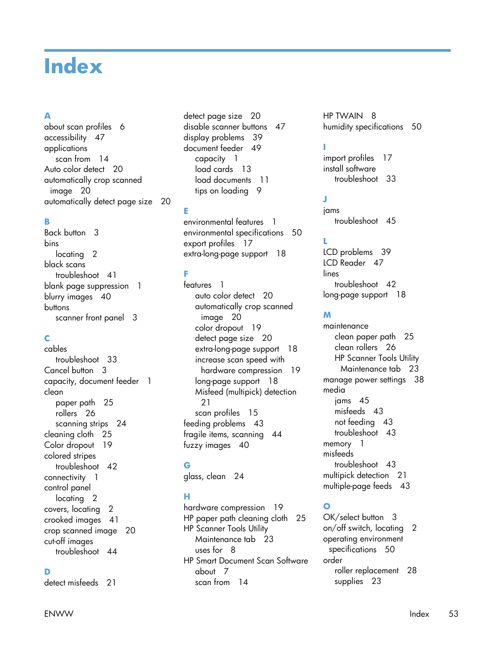 Index | HP Scanjet Enterprise Flow 7000 s2 Sheet-feed Scanner User Manual | Page 59 / 62