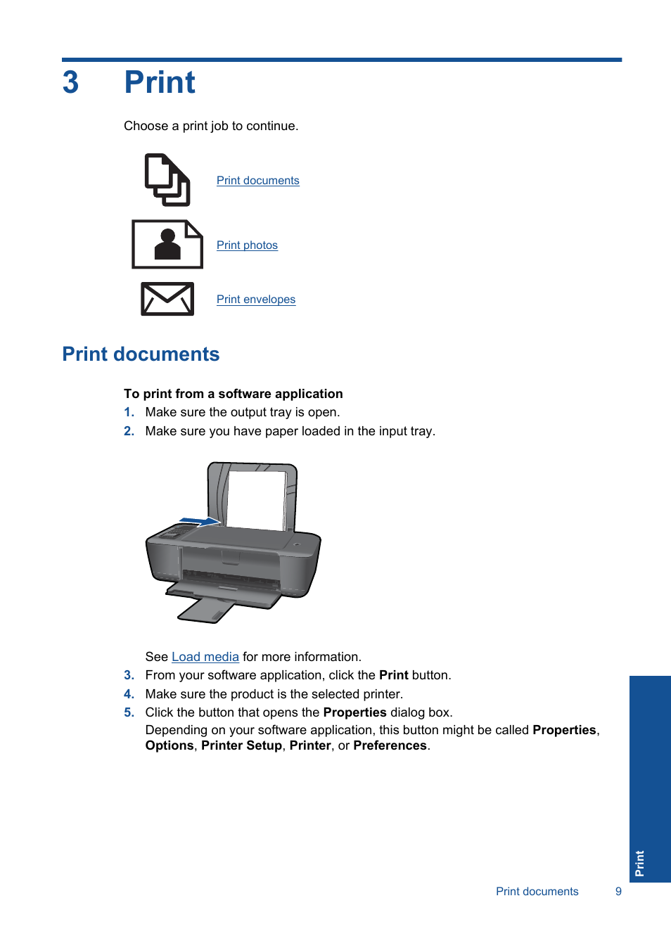 Print, Print documents, 3 print | 3print | HP Deskjet 3000 Printer - J310a User Manual | Page 11 / 58